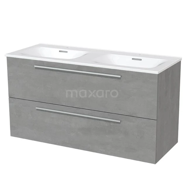 Grey vanity unit with double basin, modern design, two wide drawers, ideal for stylish bathroom storage.