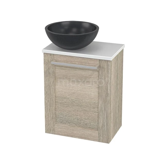 Wooden bathroom unit with natural stone countertop wash basin, oak-look cabinet and white worktop, ideal for a modern bathroom design.