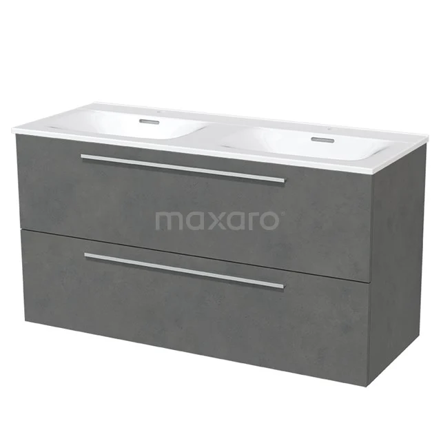 Grey vanity units with double basin, modern design, concrete-look finish and sleek, metal handles.