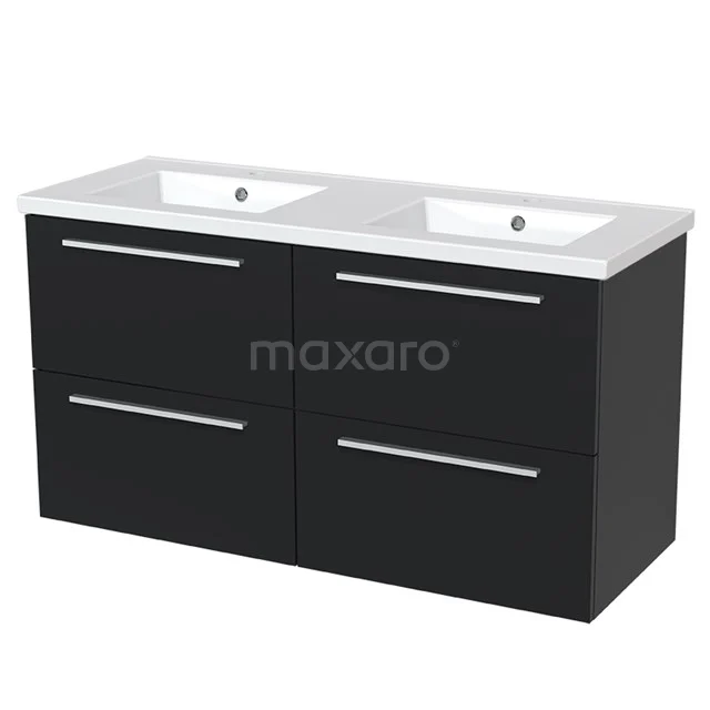 Modulo Vanity units with basin | 120 cm Matte black Flat front Ceramic 4 drawers BMW18-00002 Black double basin with glossy drawers, chrome handles and ceramic sinks, ideal for modern bathrooms.