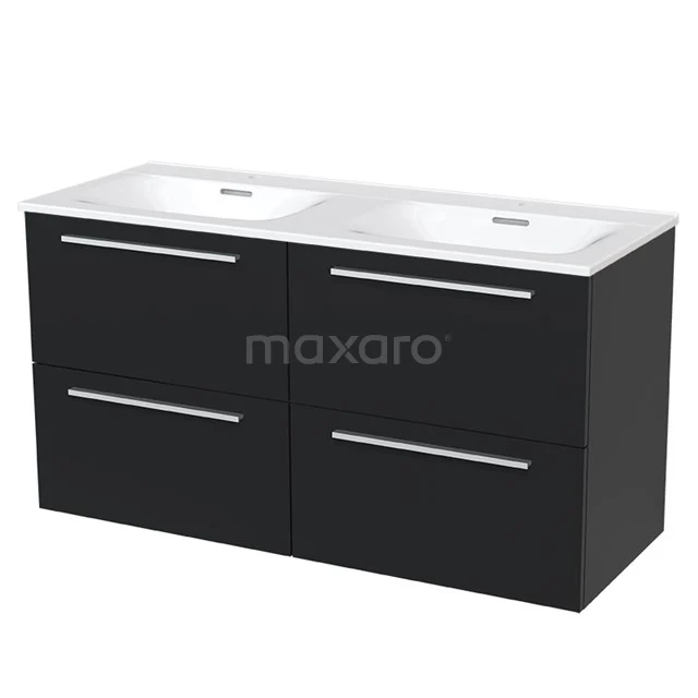 Modulo Vanity units with basin | 120 cm Matte black Flat front Ceramic 4 drawers BMW18-00005 Black bathroom furniture set with double basin, sleek drawers and chrome handles, ideal for a modern bathroom.