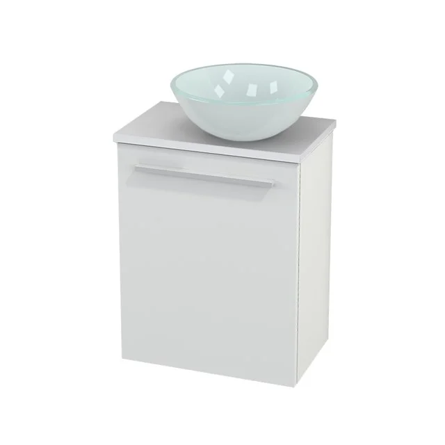 White Bathroom unit with drawers and round basin made of ceramic, modern design, ideal for compact bathrooms.