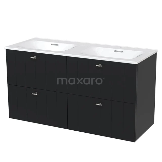 Black double vanity unit with four drawers, matte finish, suitable for modern bathrooms.