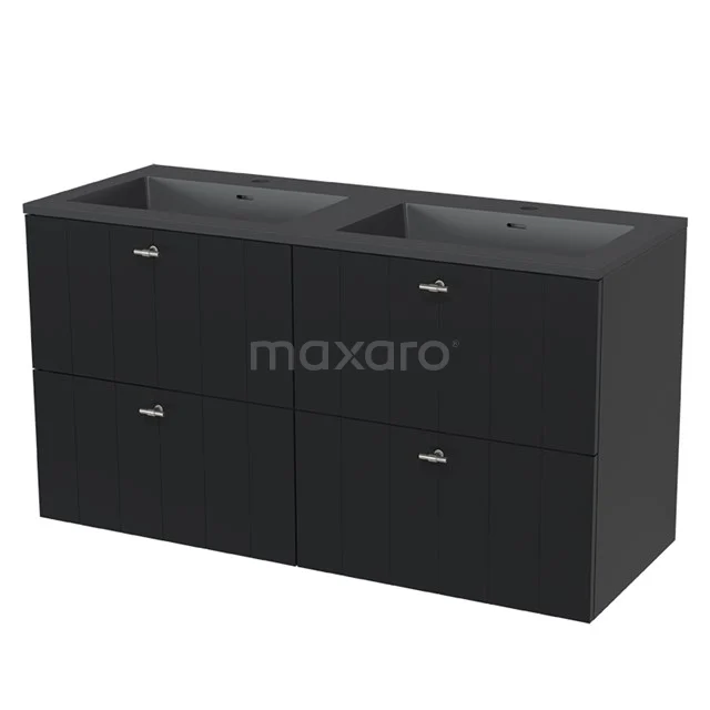 Modulo Waschtische | 120 cm Matt Schwarz Lamelle front Quarz 4 Schubladen BMW18-00024 Schwarz doppelt Waschtisch mit klarer Fächeraufteilung, ideal als stilvolle und funktionale Badezimmerlösung.
