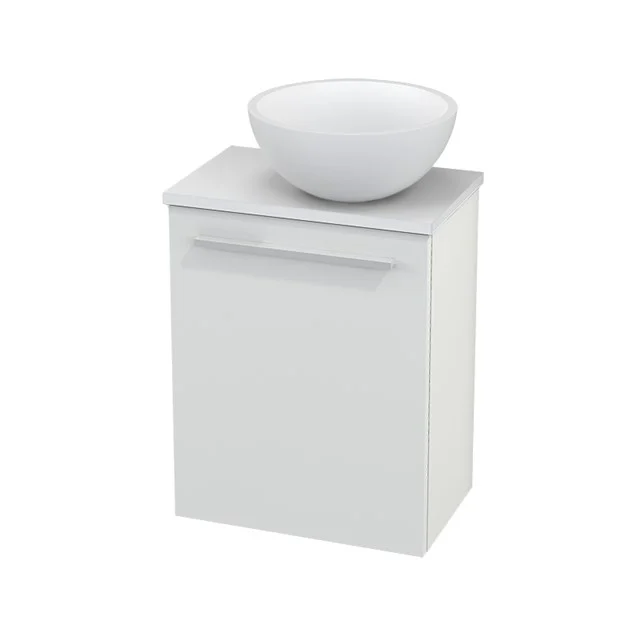 Weißes Badezimmermöbel mit einem Schrank und runder keramischer Aufsatzwaschbecken, modernes Design, ideal für moderne Badezimmergestaltung.