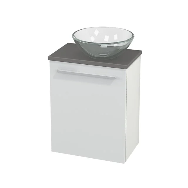 WC-Möbel mit Aufsatzwaschbecken Glas Modulo+ Pico Hochglanz Weiß 41cm BMC000442 Weißes Badezimmermöbel mit grauer Platte und gläsernem Aufsatzwaschbecken, kompaktes Design und moderne Verarbeitung, perfekt für kleine Bäder.