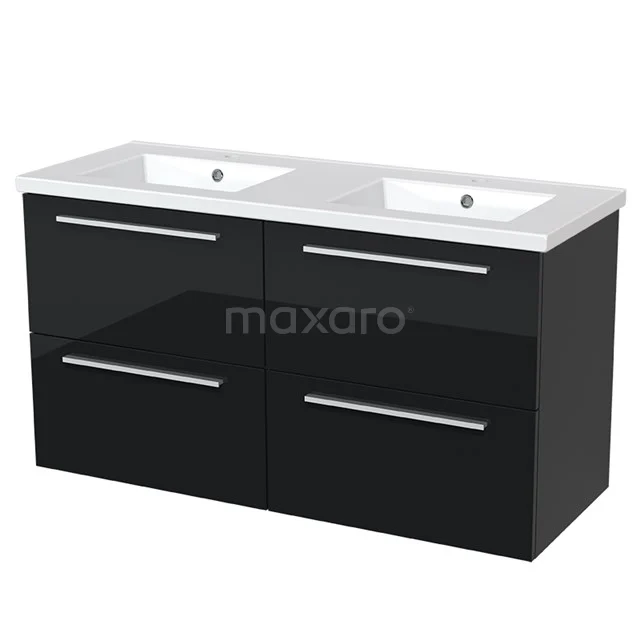 Modulo Bathroom furniture with sink | 120 cm High-gloss black Flat front Ceramic 4 drawers BMW18-00074 Double black bathroom furniture set with high-gloss finish, metal handles and white ceramic basin worktop.