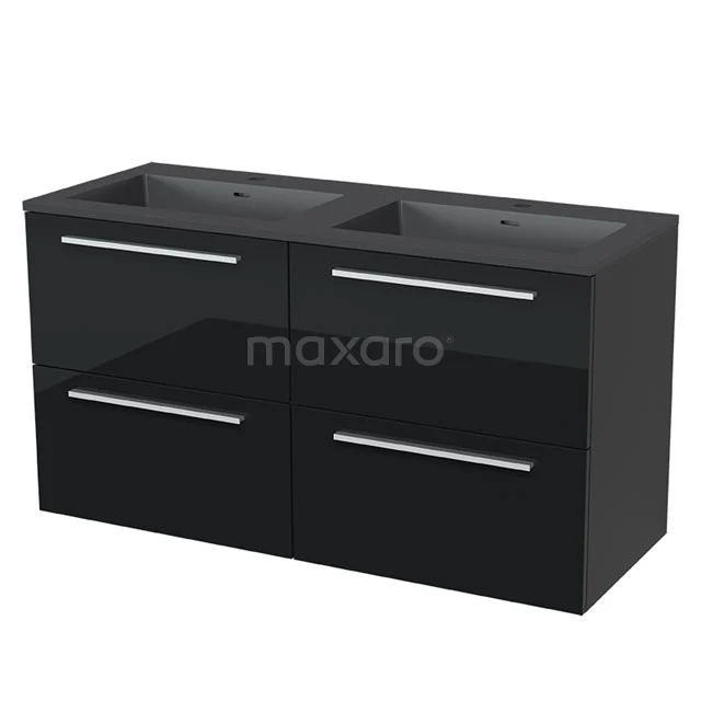 Modulo Bathroom furniture with sink | 120 cm High-gloss black Flat front Quartz 4 drawers BMW18-00084 Black double vanity unit with glossy finish, four drawers and chrome handles, modern design for the bathroom.
