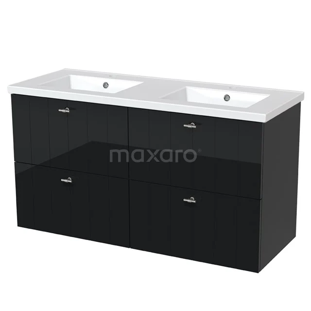 Black high-gloss bathroom unit with double basin made of ceramic, modern design with 4 drawers.