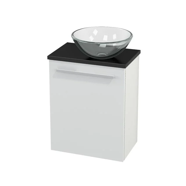 White bathroom unit with black worktop and glass vanity units for countertop wash basin, modern design perfect for compact bathroom spaces.