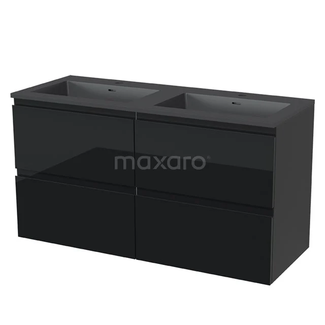 Modulo Bathroom furniture with sink | 120 cm High-gloss black Handle-less front Quartz 4 drawers BMW18-00108 Black double vanity unit with four drawers, modern design, perfect for a stylish and functional bathroom interior.
