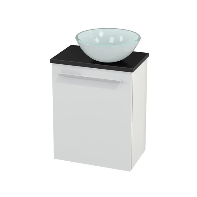 White bathroom unit with glass vanity units for countertop wash basin and black top, compact design ideal for modern bathrooms.