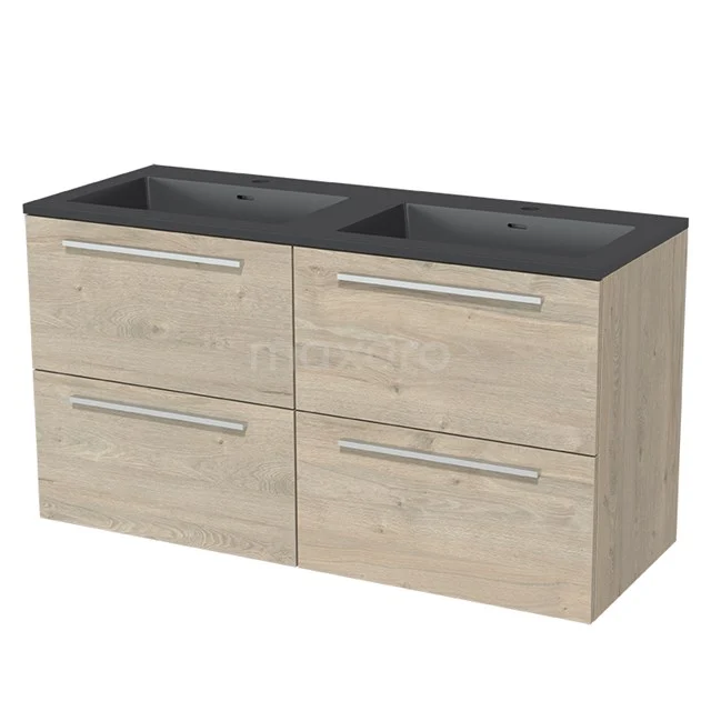 Holz Badezimmermöbel mit Doppelwaschbecken, heller Eiche Farbe, Matt Schwarz Platte, vier Schubladen und schlichten Metall Haltegriffen.