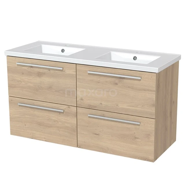 Holz Badezimmermöbel mit Doppelwaschbecken, heller Eiche Optik, vier Schubladen und stilvollen Metallgriffen.