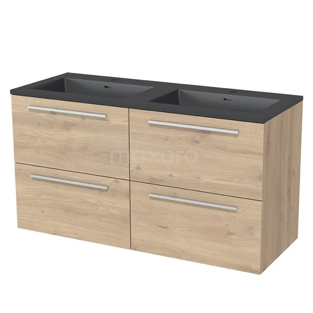 Wooden bathroom unit with double basin in black, four drawers and a contemporary design for stylish bathrooms.