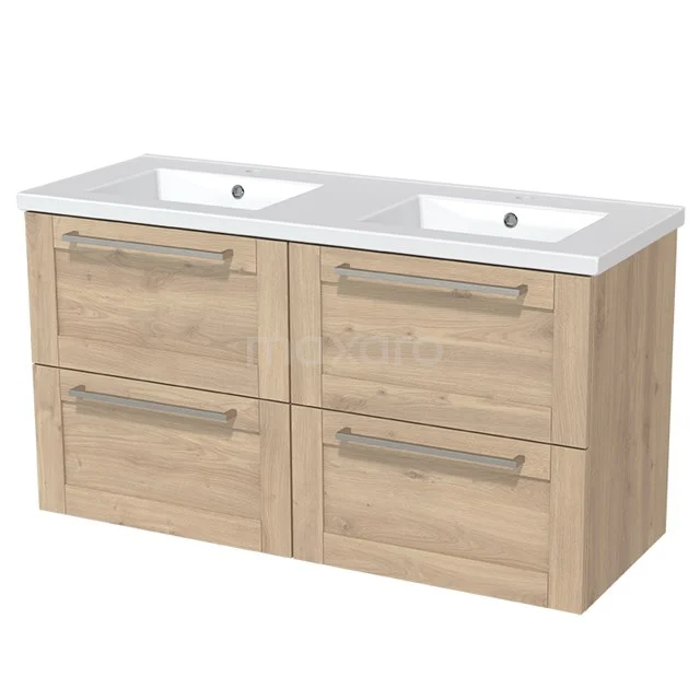 Wooden bathroom unit with double basin, four drawers and a modern finish, ideal for stylish bathroom storage.