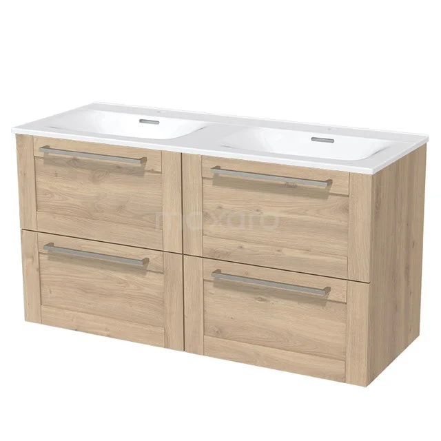 Light oak double washbasin base unit with four drawers, modern design and integrated bathroom unit.