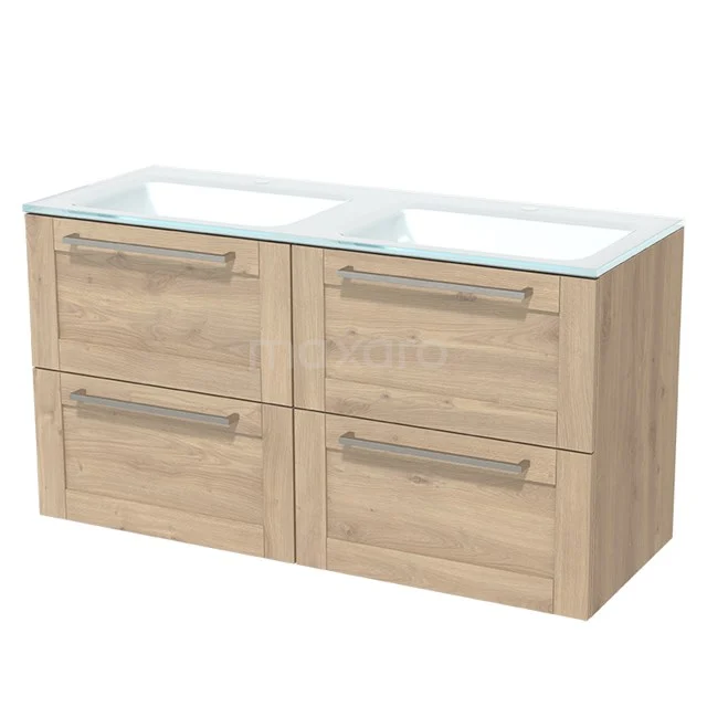 Modulo Bathroom furniture with sink | 120 cm Light brown oak Frame front Glass 4 drawers BMW18-00151 Wooden vanity unit with double basin, light oak finish, four drawers with handles, ideal for organised storage space.