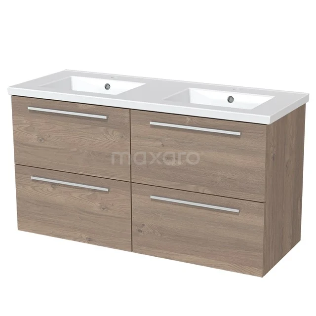 Wooden bathroom unit with double basin in white, 4 handleless drawers, modern design for stylish bathroom furnishing.
