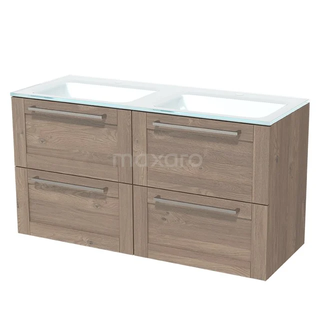 Wooden bathroom unit with two vanity units with basins, four drawers and modern handles, ideal for a stylish and functional bathroom.