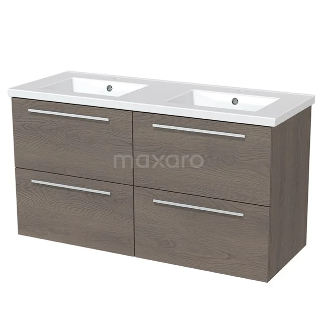 Modulo Waschtische | 120 cm Dunkelbraune Eiche Flach front Keramik 4 Schubladen BMW18-00182 Holz Badmöbel mit doppeltem weißen Waschbecken, vier Schubladen und modernen Haltegriffen, ideal für ein stilvolles Badezimmer.