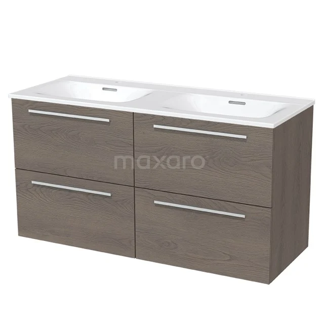 Modulo Waschtische | 120 cm Dunkelbraune Eiche Flach front Keramik 4 Schubladen BMW18-00185 Badmöbelset Holzoptik mit Doppelwaschbecken, vier Schubladen und schlichten Metallgriffen, perfekt für moderne Bäder.