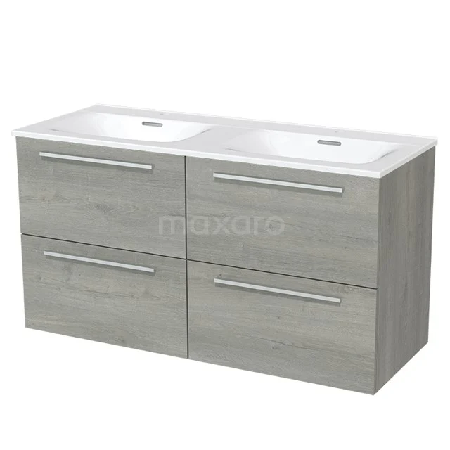 Wooden bathroom unit with double white vanity units with basin, grey wood look and four drawers; modern and practical bathroom solution.