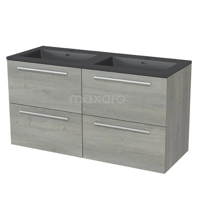 Wooden bathroom unit with double basin in black, modern grey finish and four drawers for optimal storage space.