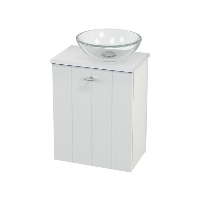 White wooden bathroom cabinet with glass basin, compact design and stylish panels, ideal for small spaces.