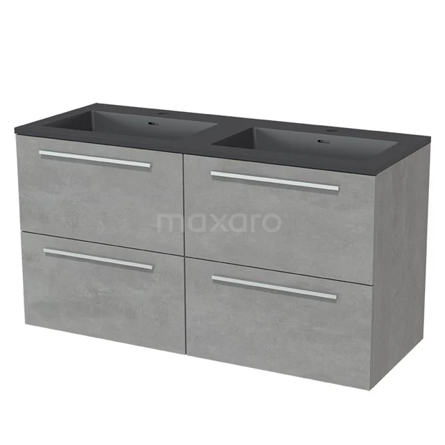 Grey bathroom furniture set with natural stone double basin, four drawers and modern concrete-look design.