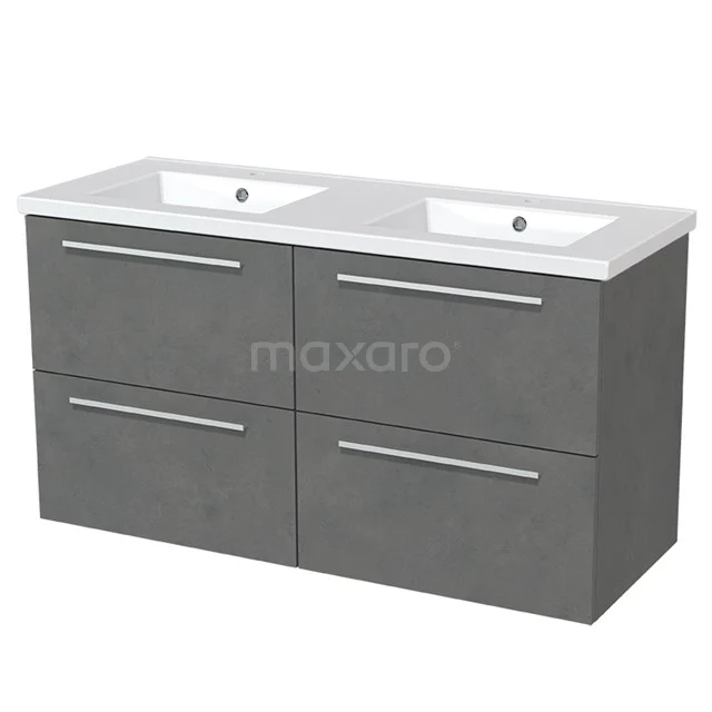 Grey bathroom unit with double sink, four drawers and chrome handles, sleek design for modern bathrooms.