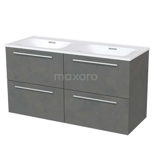 Graue Badmöbelset mit Doppelwaschbecken, schlichten Schubladen und modernen Haltegriffen, ideal für ein zeitgemäßes Badezimmer.