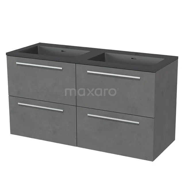 Modulo Bathroom furniture with sink | 120 cm Dark grey concrete Flat front Quartz 4 drawers BMW18-00252 Grey bathroom furniture set with double basin, four drawers and sleek design, made of concrete-look material.
