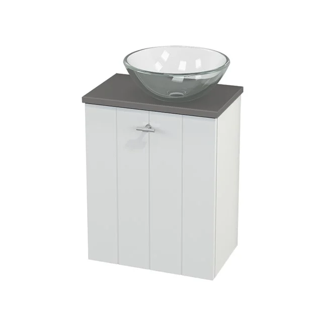 Toilet unit with countertop wash basin Glass Modulo+ Pico High-gloss white 41cm BMC000470 White wooden bathroom unit with grey top and glass bowl-shaped basin. Modern design for a stylish bathroom.