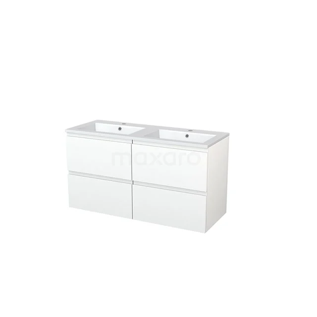 Double white bathroom unit with ceramic basin, minimalist design and soft-close drawers; ideal for a modern bathroom.