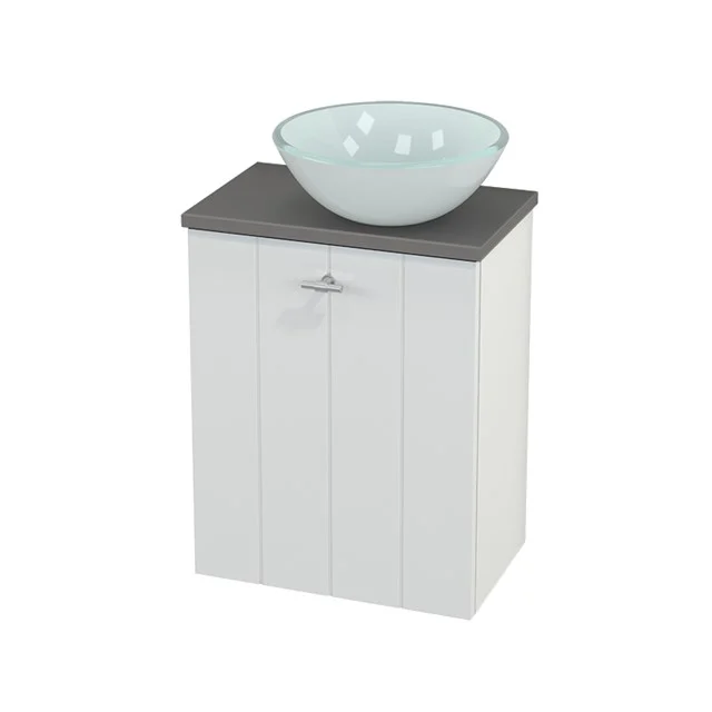 WC-Möbel mit Aufsatzwaschbecken Glas Modulo+ Pico Hochglanz Weiß 41cm BMC000471 Weißes Holz Badezimmermöbel mit grauer Platte und gläsernem Waschbecken, ideal für ein stilvolles und kompaktes Badezimmer.