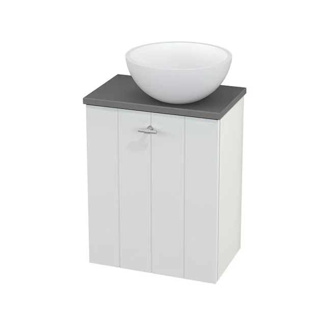 Weißes Badmöbel mit stehendem Schrank, graue Platte und runder weißer Waschbecken, ideal für kompaktes Badezimmerdesign.