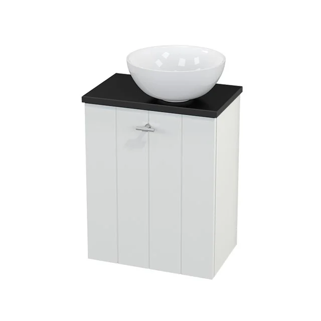 White wooden bathroom unit with black top and round ceramic vanity units with basin, ideal for a stylish and practical bathroom.