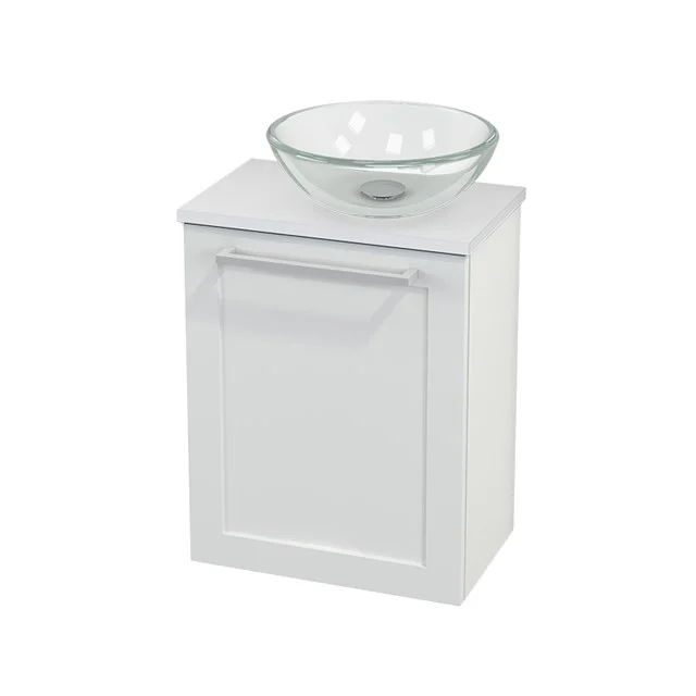 White bathroom unit with glass vanity units with basin, compact design, ideal for modern bathrooms with limited space.