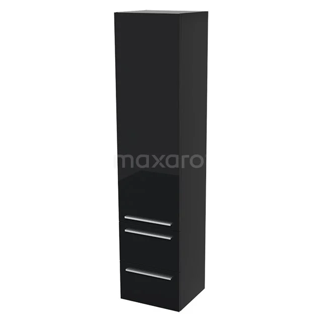 Schwarzer Hochschrank mit Hochglanzoberfläche, zwei Schubladen und Tür, ideal für Badezimmerlagerung, modernes Design in nachhaltigen Materialien.