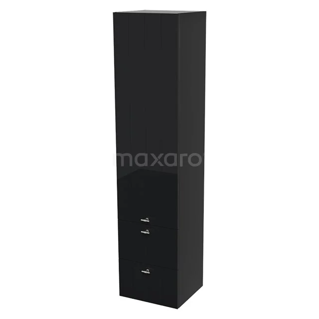 Lungo Bathroom cabinet | 170 cm High-gloss black Slat fronts 3 compartments + 2 drawers BKK10-00022 Black high bathroom cabinet, glossy, with two drawers and a door, perfect for modern bathroom storage.