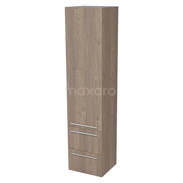 Hohen Badschrank Holzoptik mit Eiche-Finish, schlanker Form und zwei Schubladen, perfekt für stilvolle Badezimmerlagerung.