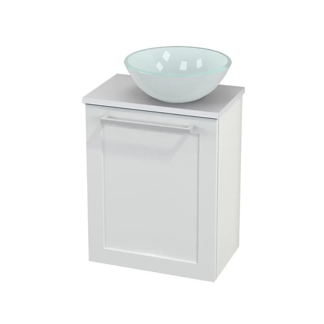 White bathroom unit with vanity units with basin made of glass, sleek design and storage space, ideal for modern bathrooms.