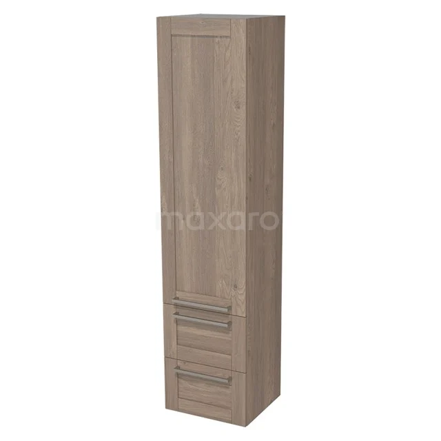 Hoher Badschrank mit Holzoptik, Regalen und Schubladen, ideal für kompakten Stauraum in einem modernen Badezimmer.