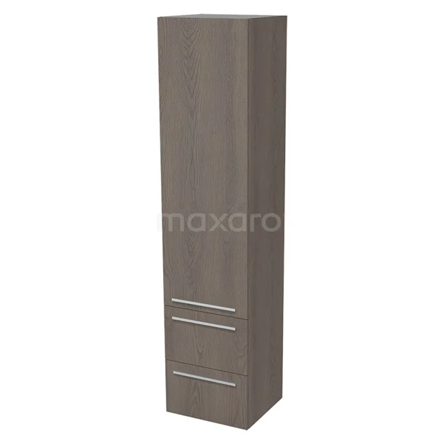 Hohen Badschrank Holzoptik braun mit metallischen Haltegriffen, ideal für Stauraum in einem modernen Badezimmer.