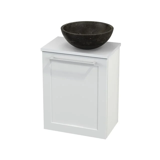 Toilet unit with countertop wash basin Natural stone Modulo+ Pico High-gloss white 41cm BMC000496 White bathroom unit with matt black countertop wash basin, modern design, perfect for compact bathrooms.