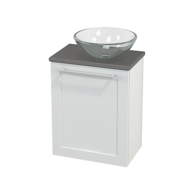 White bathroom cabinet with grey worktop and glass basin bowl, compact shape, ideal for modern bathroom storage.