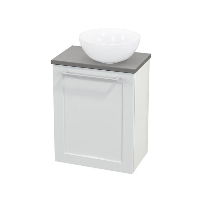 White bathroom unit with grey wooden top, ceramic countertop basin and matte-finished cabinet door.