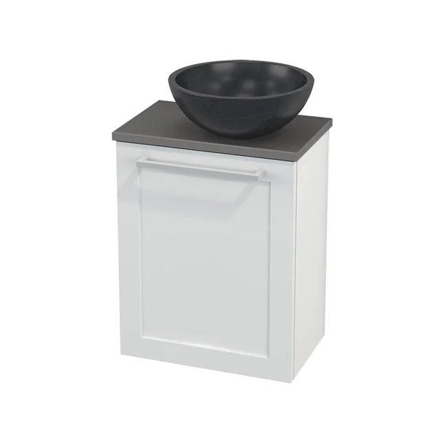 White bathroom unit with black basin bowl, modern style, made of ceramic and wood, suitable for small bathrooms.