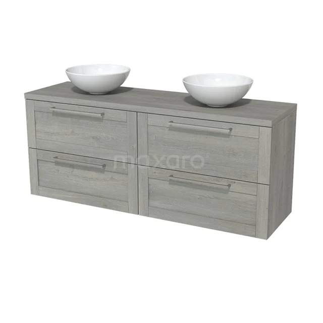 Graues Holz Badezimmermöbel mit Doppelwaschbecken, modernes Design, vier Schubladen und geraden Linien für einen klaren Look.